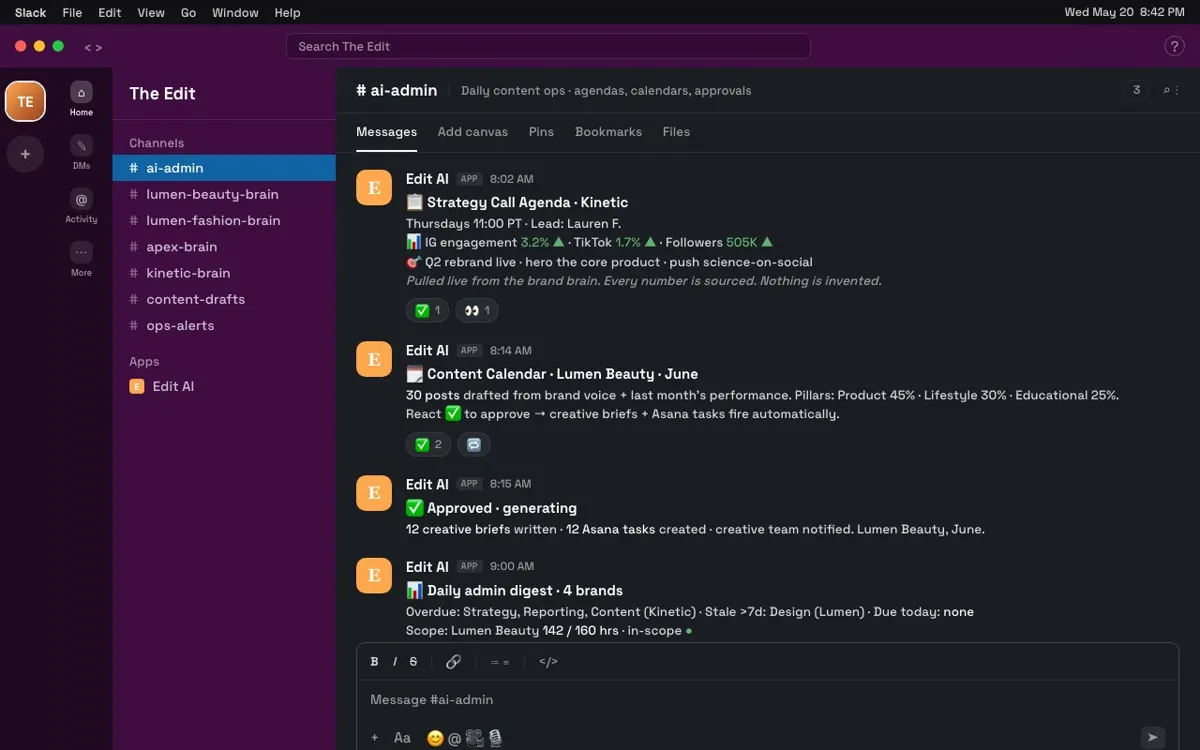 The Edit's Slack channel: the day's agenda, content calendar and approvals posted by the system.