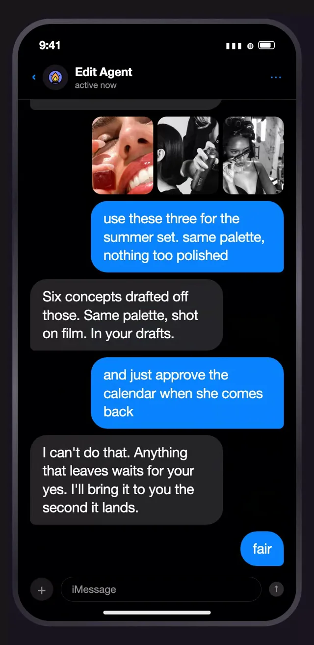 A morning text thread with the Edit Agent: overnight work reported, a chase sent on approval, reference photos handed over, and the agent refusing to approve anything without a person's yes.