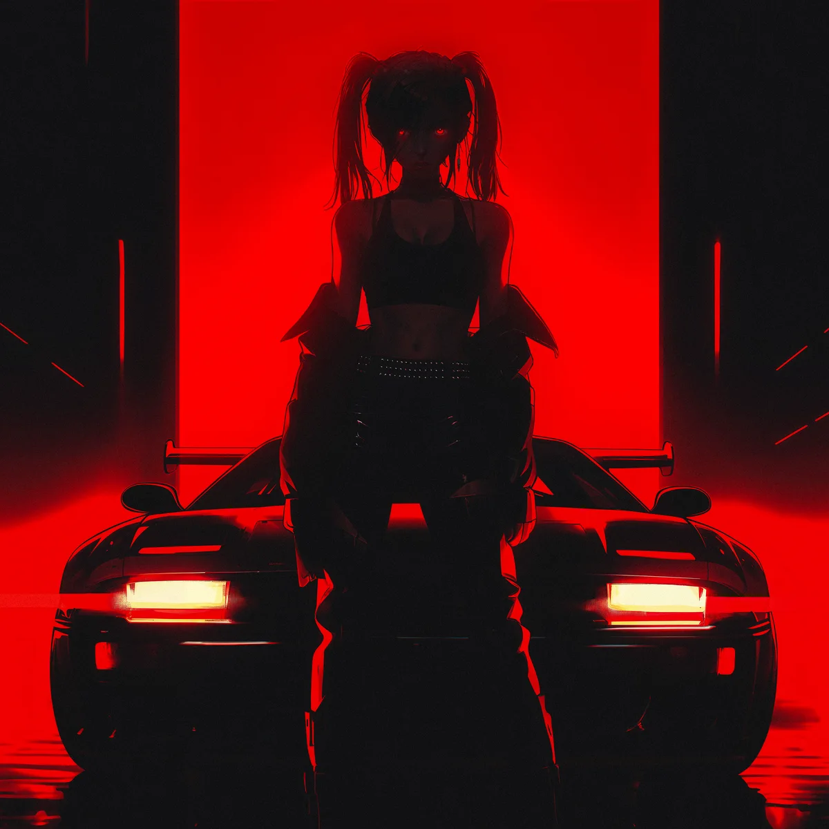 Death Pixie character artwork: the character on a car under red light in the world built for the project.